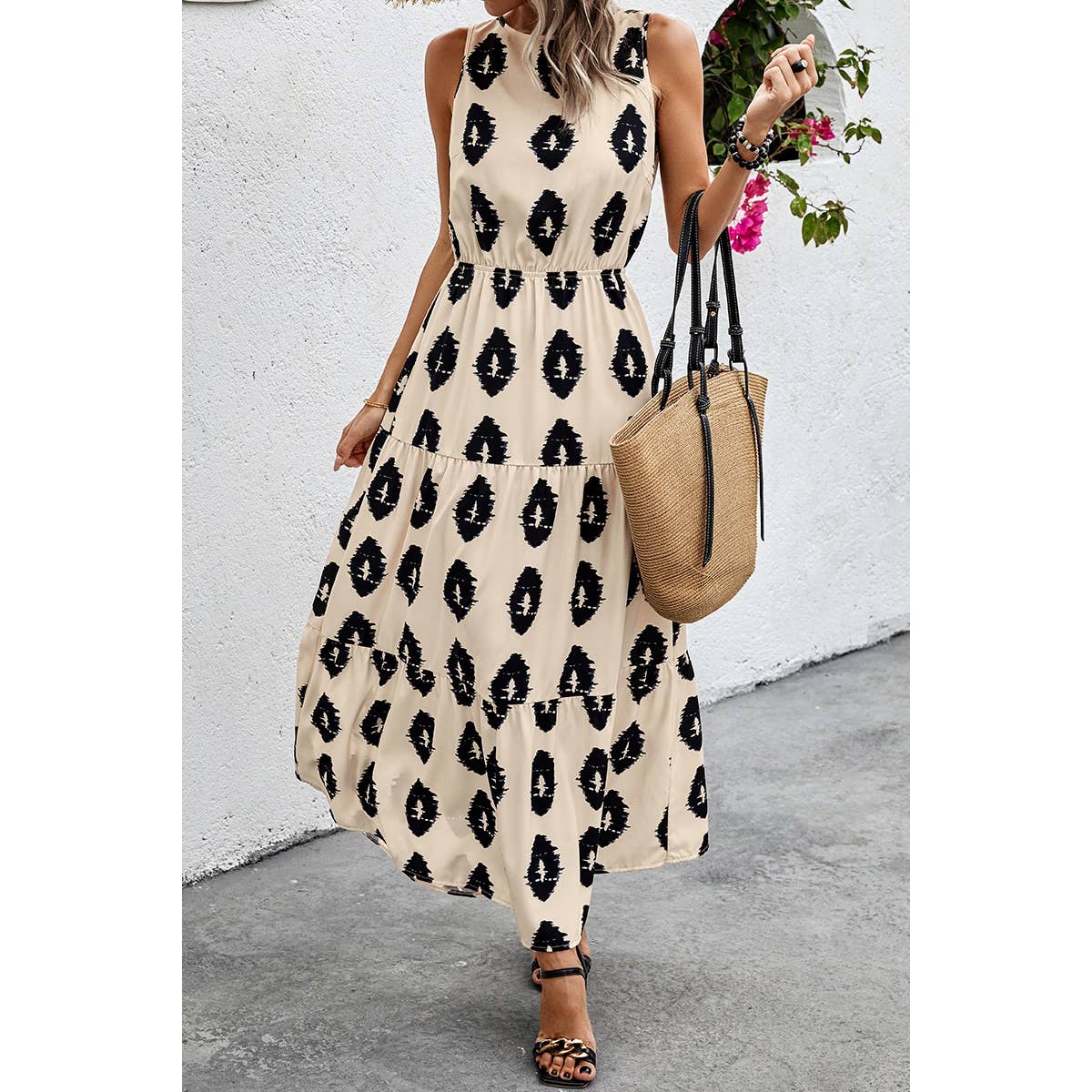 Cute Light -Sleeveless Printed Elastic Waist Ruffle Full Dress
