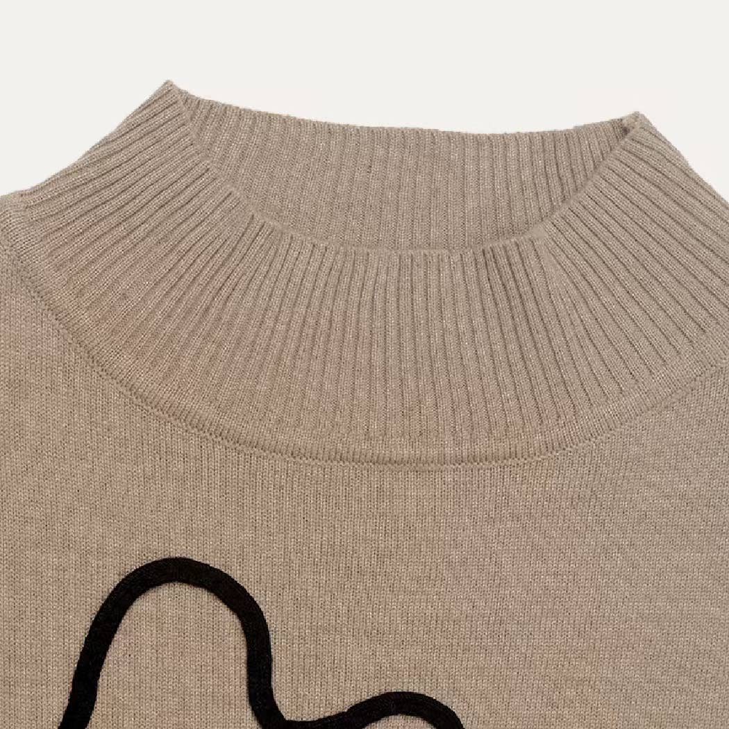 Cute Khaki Flower Mock Neck Long Sleeve Knit Dress