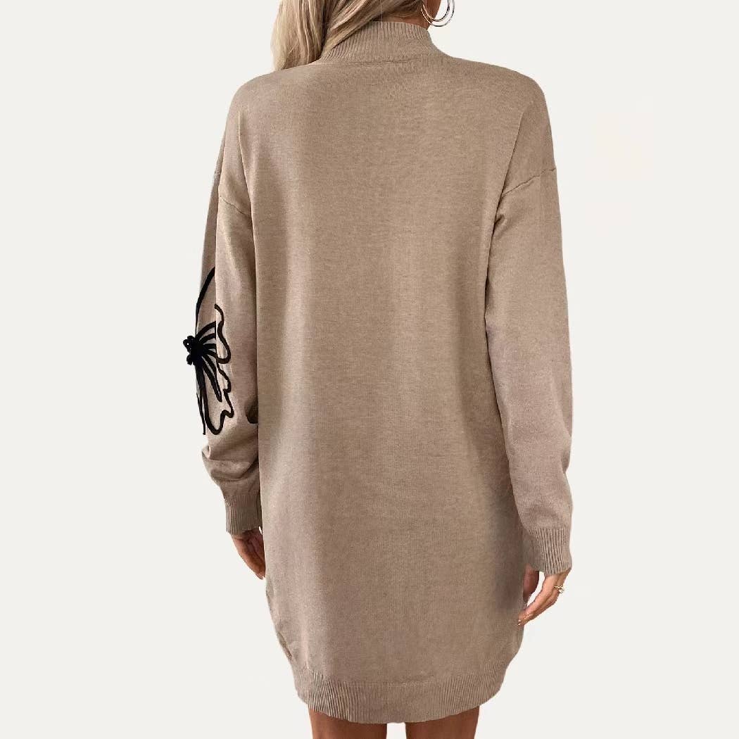 Cute Khaki Flower Mock Neck Long Sleeve Knit Dress