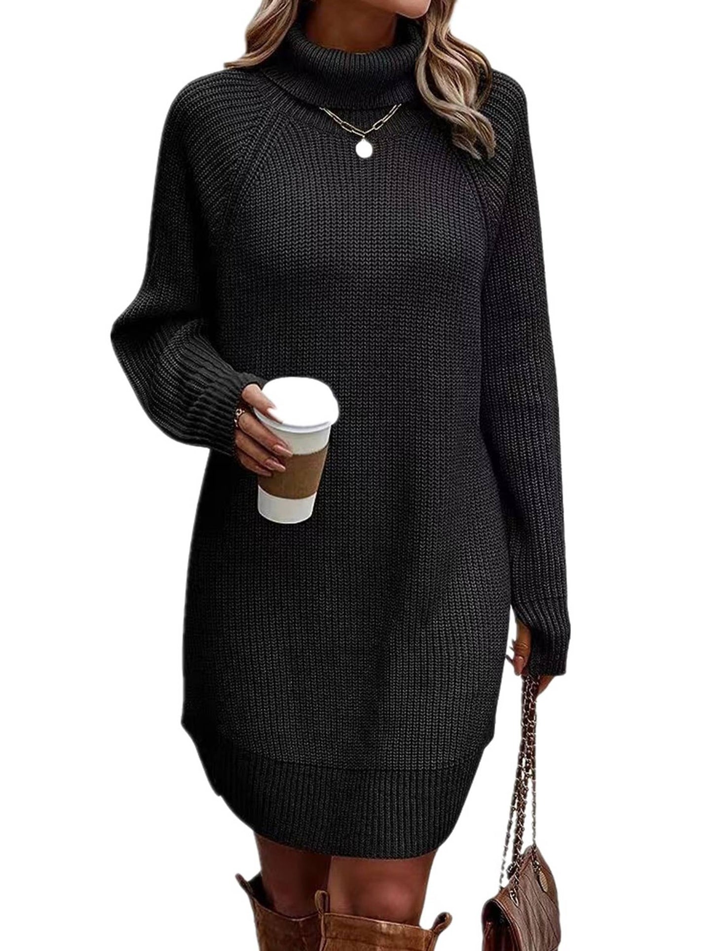 Fashion Split Pullover High Neck Sweater Dress For Women