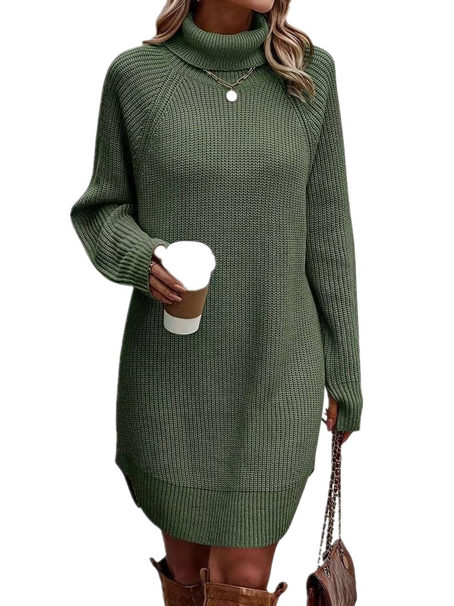 Fashion Split Pullover High Neck Sweater Dress For Women