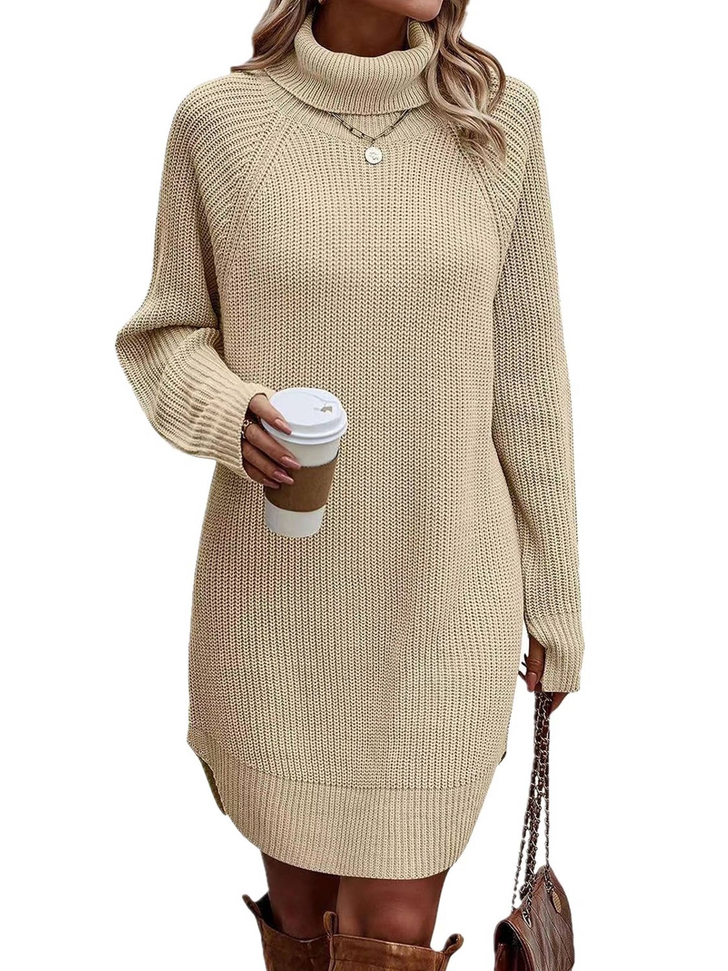 Fashion Split Pullover High Neck Sweater Dress For Women