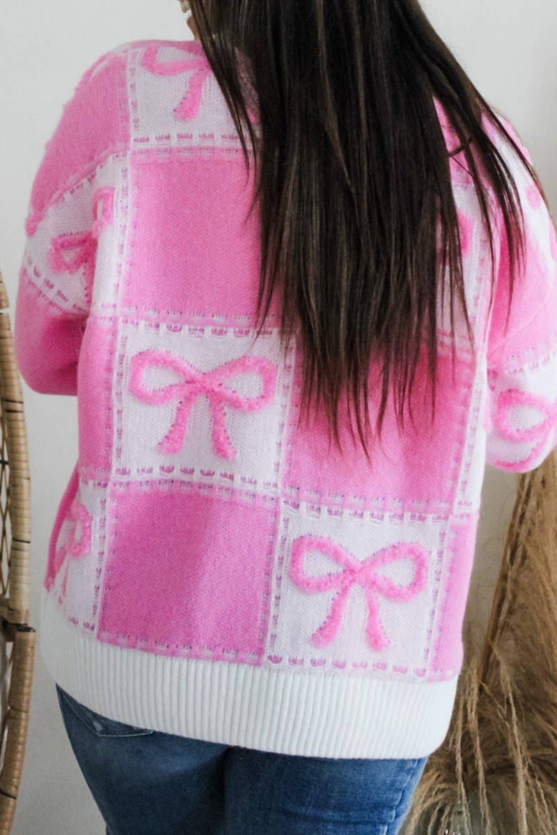 Pink Bow Color block Checker Crewneck Sweater