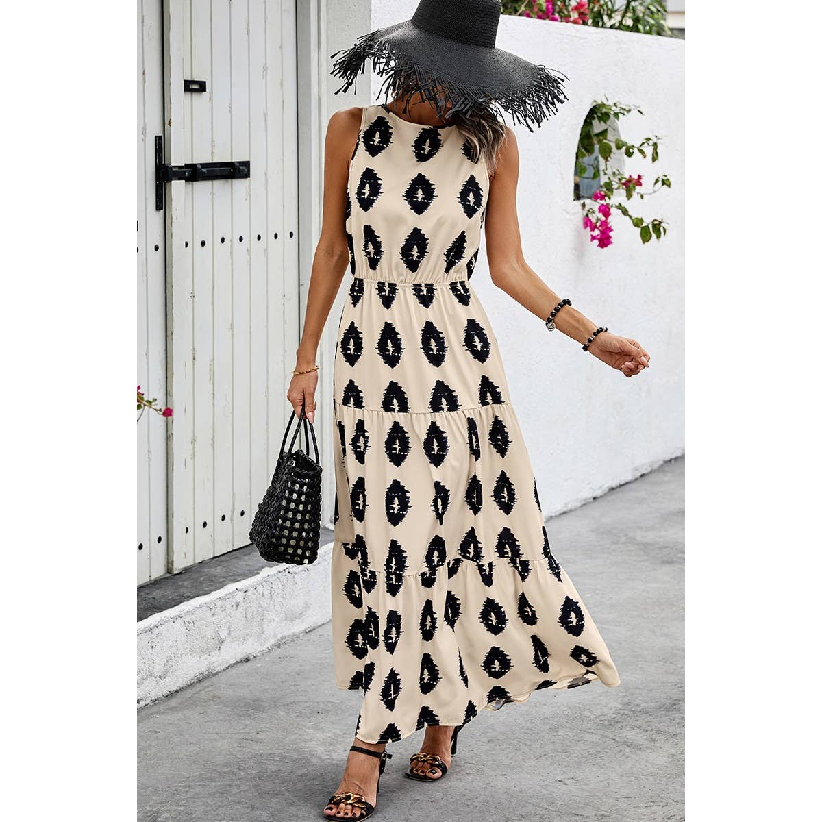Cute Light -Sleeveless Printed Elastic Waist Ruffle Full Dress