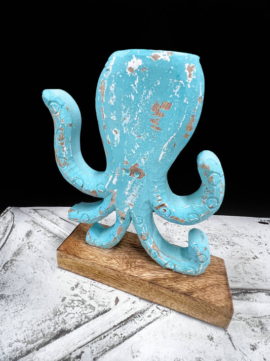 🌊 Aqua Wooden Octopus – 7x8.5in | Coastal Home Décor Accent