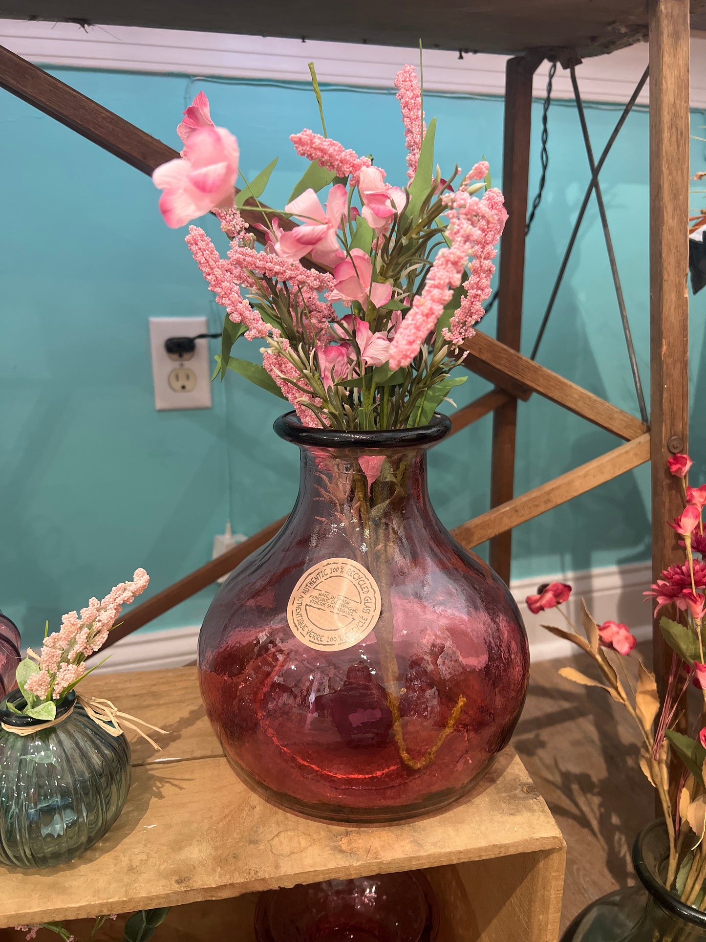 Pink Recycled Glass vase - with floral pink piece