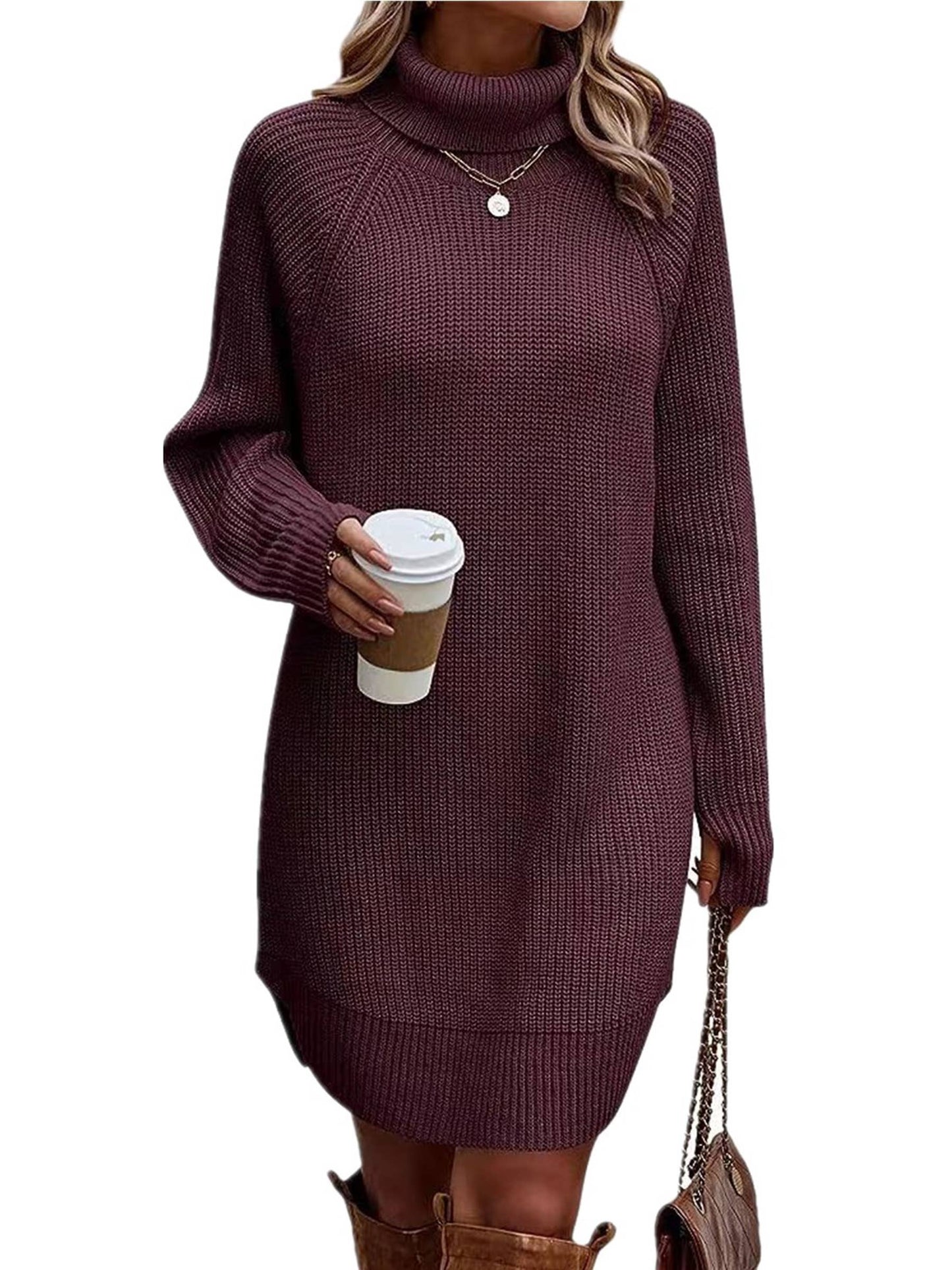 Fashion Split Pullover High Neck Sweater Dress For Women