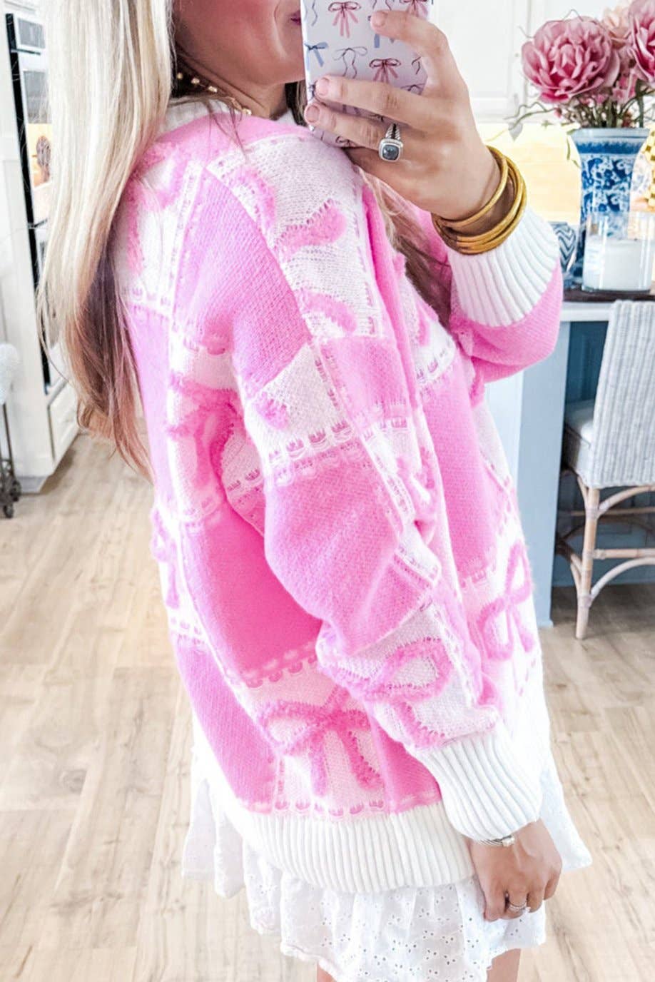 Pink Bow Color block Checker Crewneck Sweater