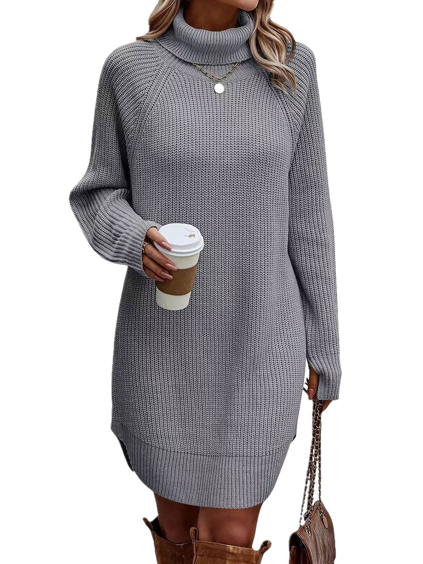 Fashion Split Pullover High Neck Sweater Dress For Women