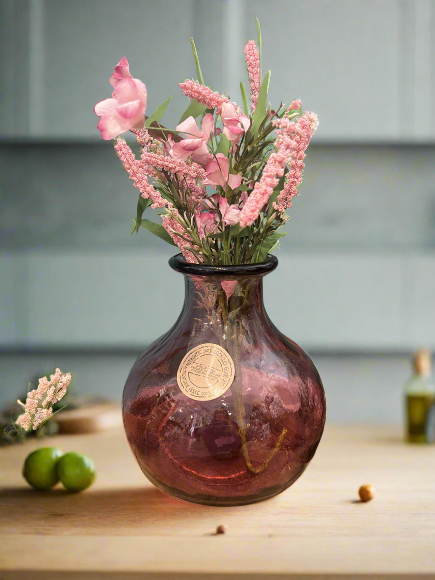 Pink Recycled Glass vase - with floral pink piece