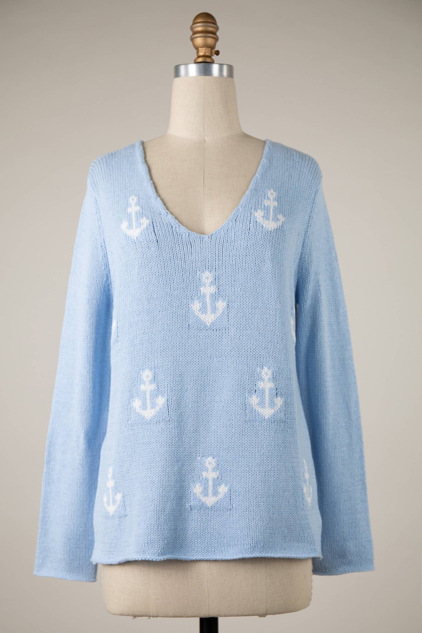 ANCHOR PATTERN KNIT V NECK SWEATER TOP