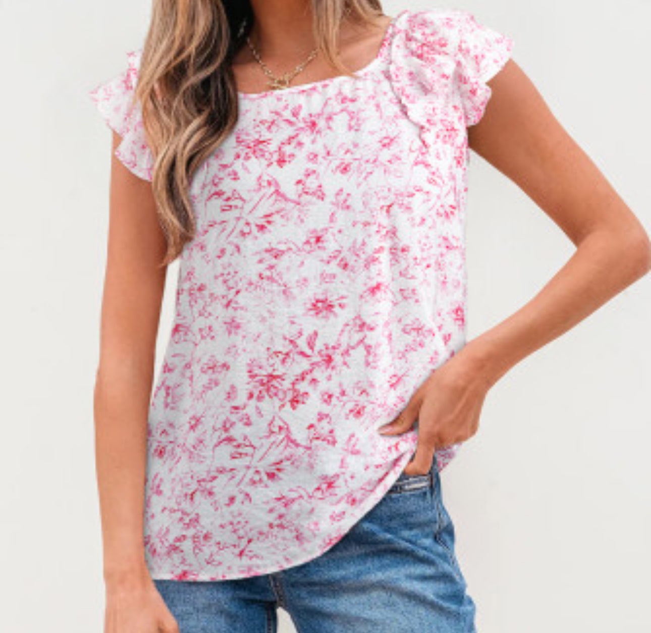 Pink Floral Bow-Back Ruffle Sleeve Top