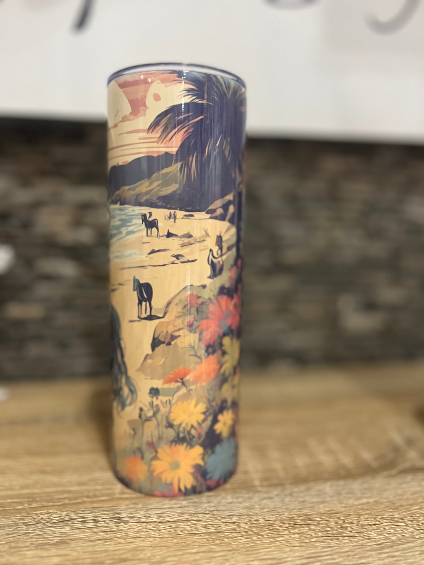Horses on beach cartoon Tumbler w/ lid straw 20oz