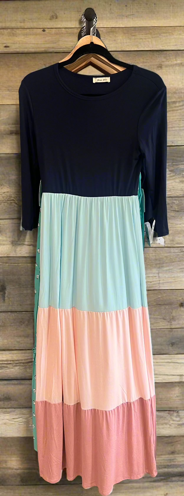 Navy , Pink Soft Blue 3/4 Sleeve Maxi Dress with Pockets