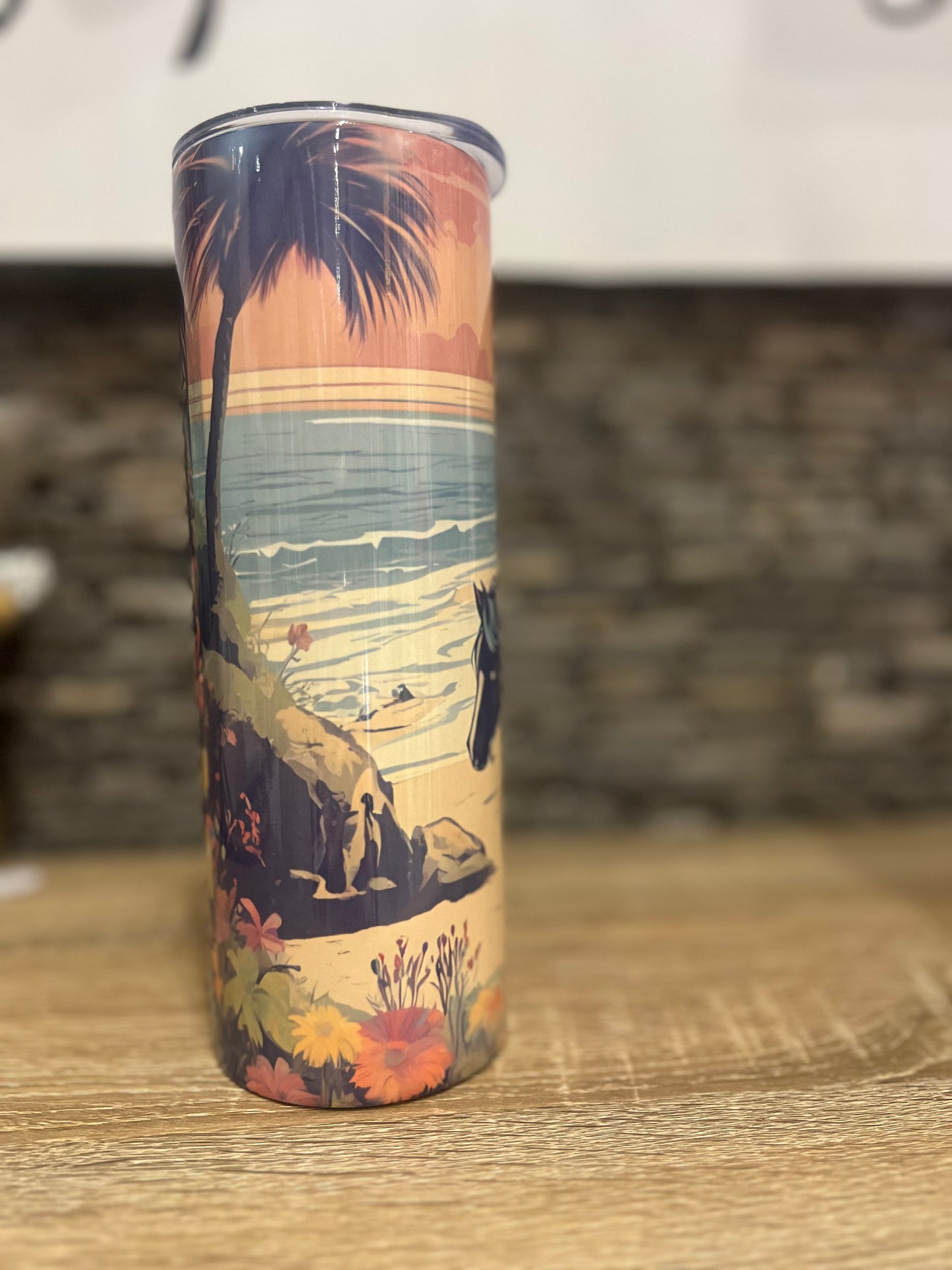 Horses on beach cartoon Tumbler w/ lid straw 20oz