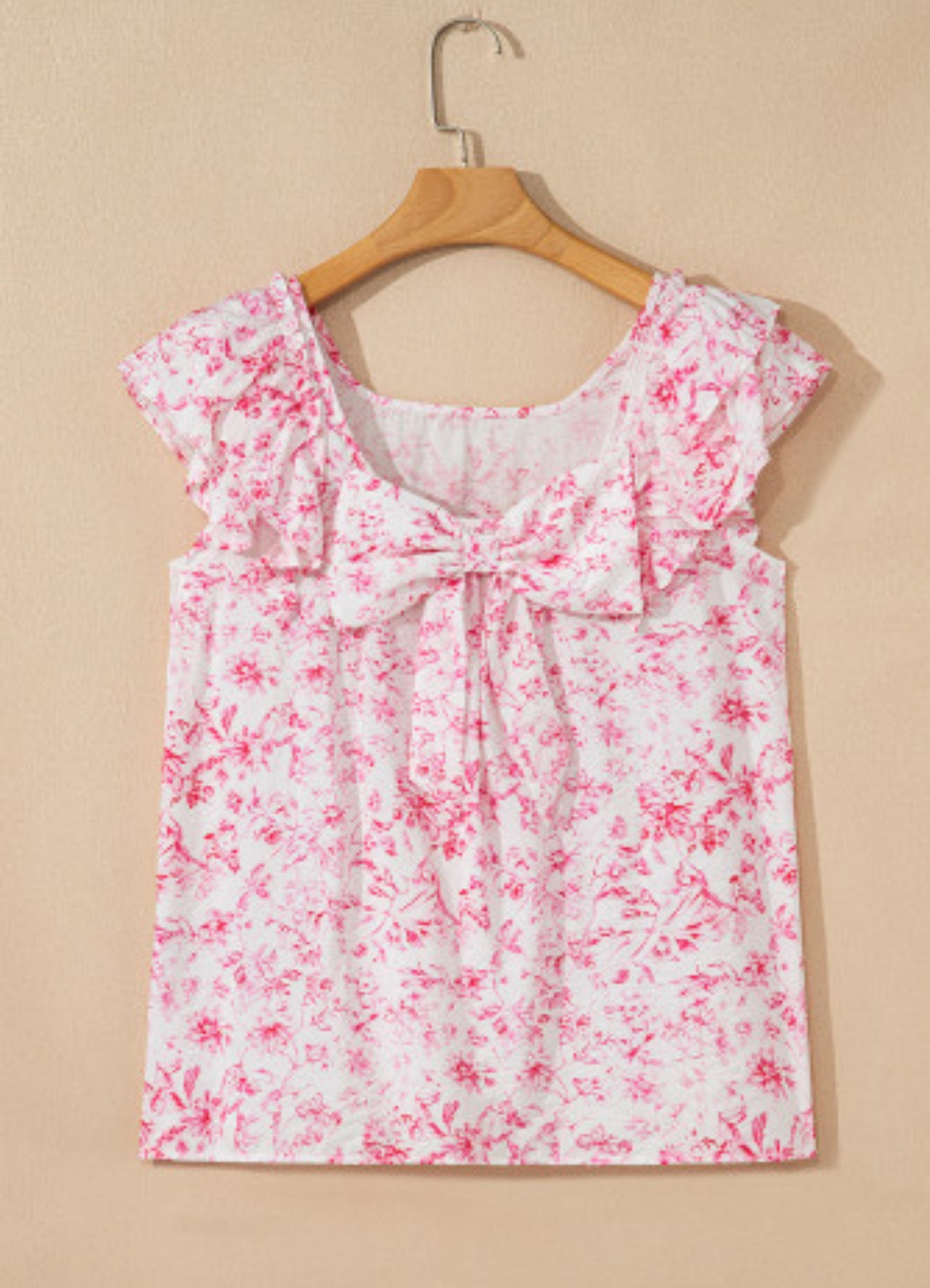 Pink Floral Bow-Back Ruffle Sleeve Top