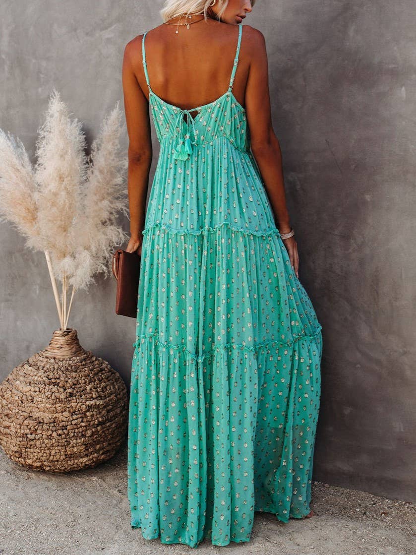 The Kaelynn- Teal Print Fresh V-Neck Shredded Pleated Dress