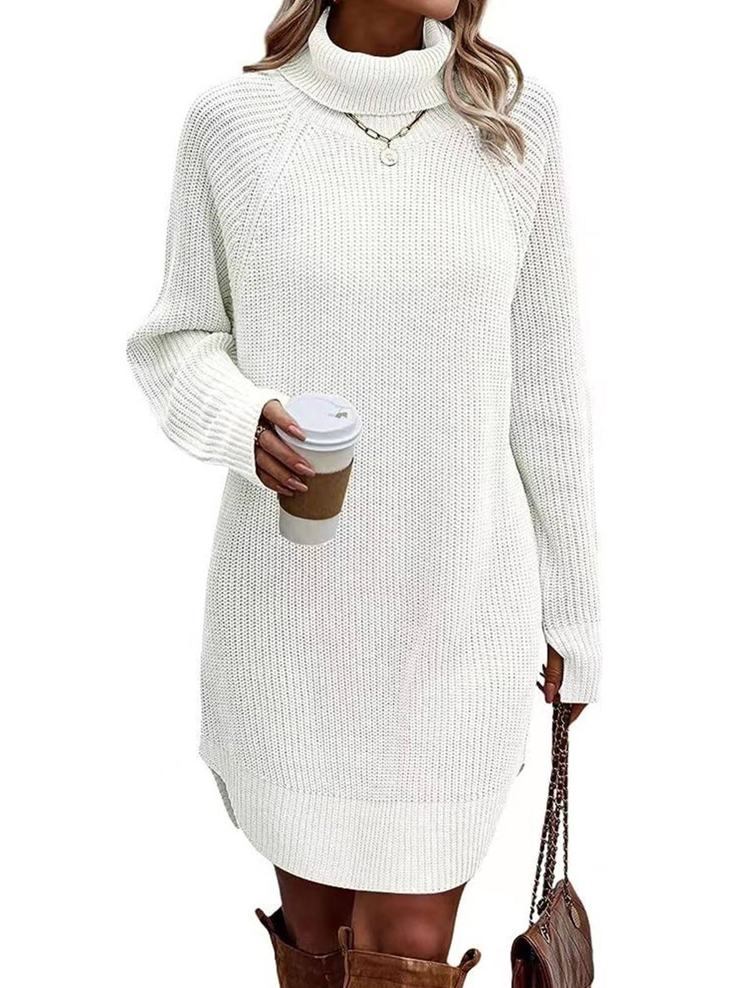 Fashion Split Pullover High Neck Sweater Dress For Women