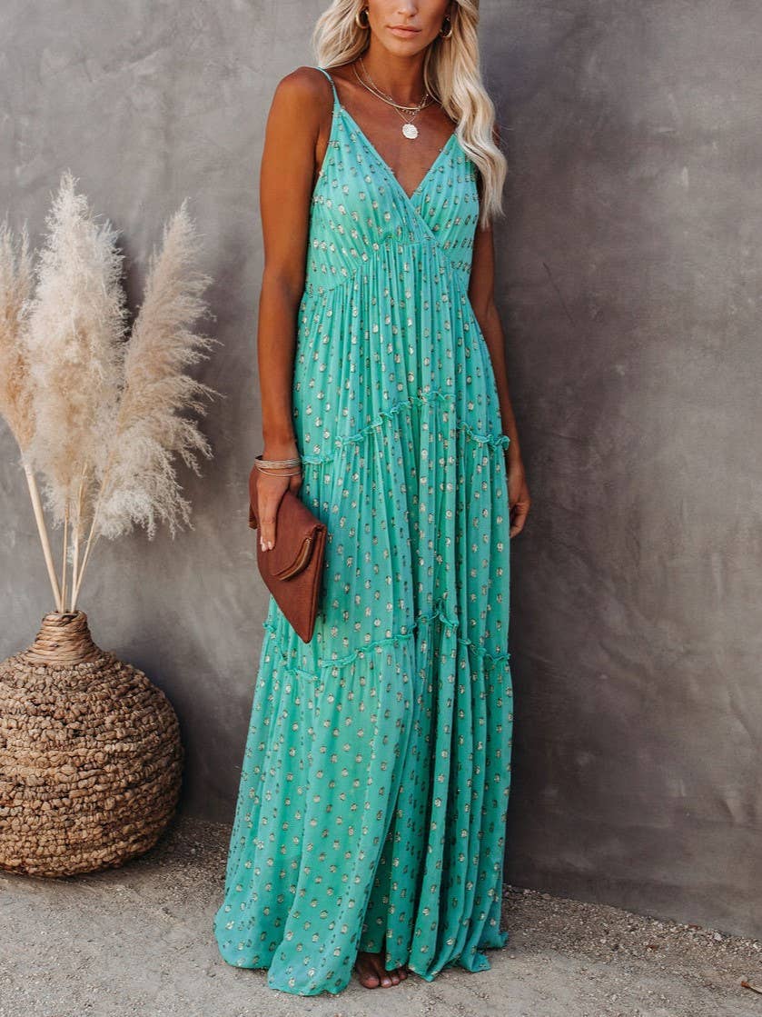The Kaelynn- Teal Print Fresh V-Neck Shredded Pleated Dress