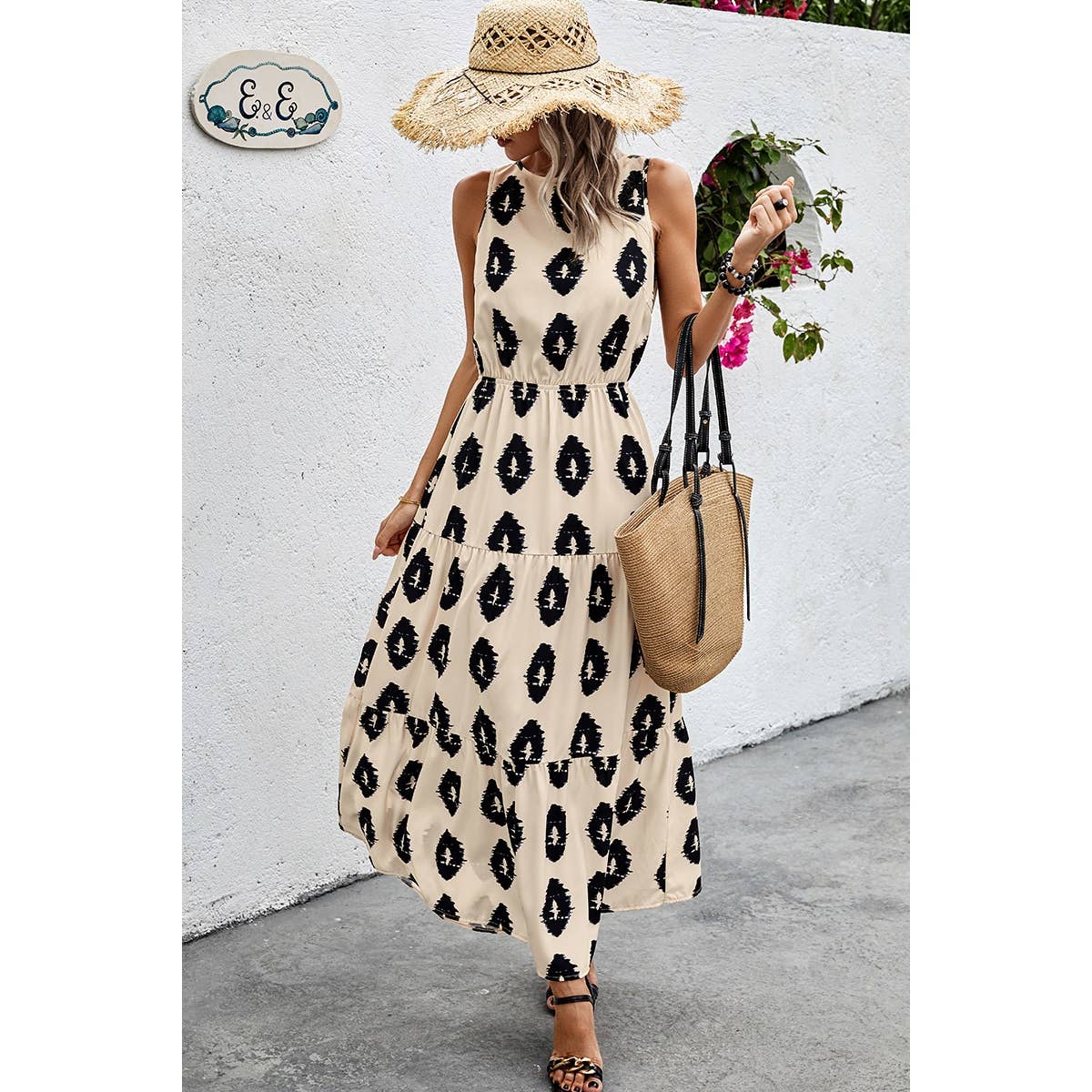 Cute Light -Sleeveless Printed Elastic Waist Ruffle Full Dress