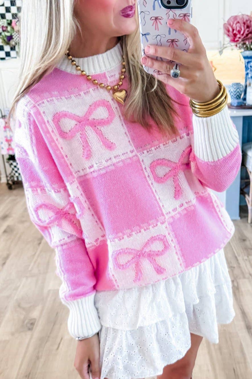 Pink Bow Color block Checker Crewneck Sweater