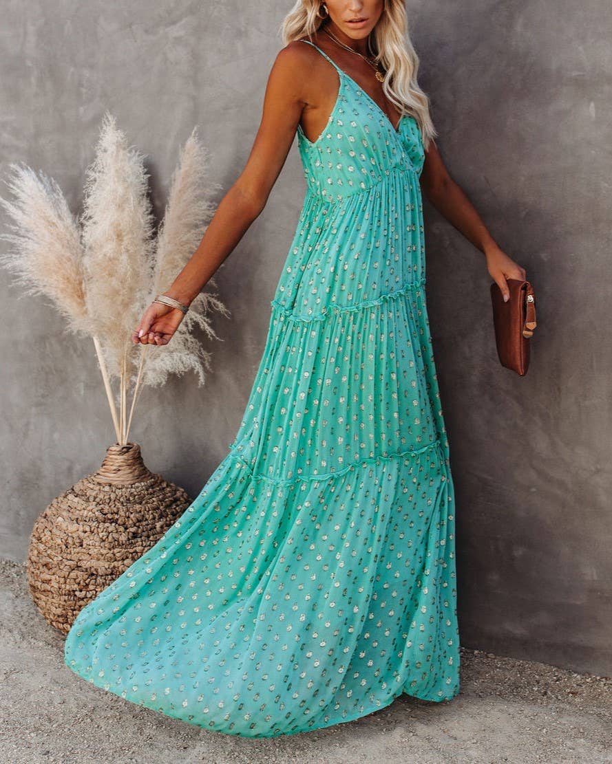 The Kaelynn- Teal Print Fresh V-Neck Shredded Pleated Dress