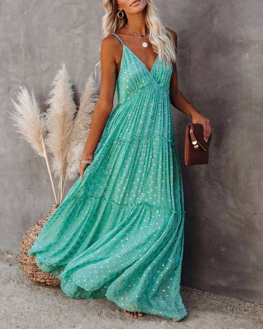 The Kaelynn- Teal Print Fresh V-Neck Shredded Pleated Dress
