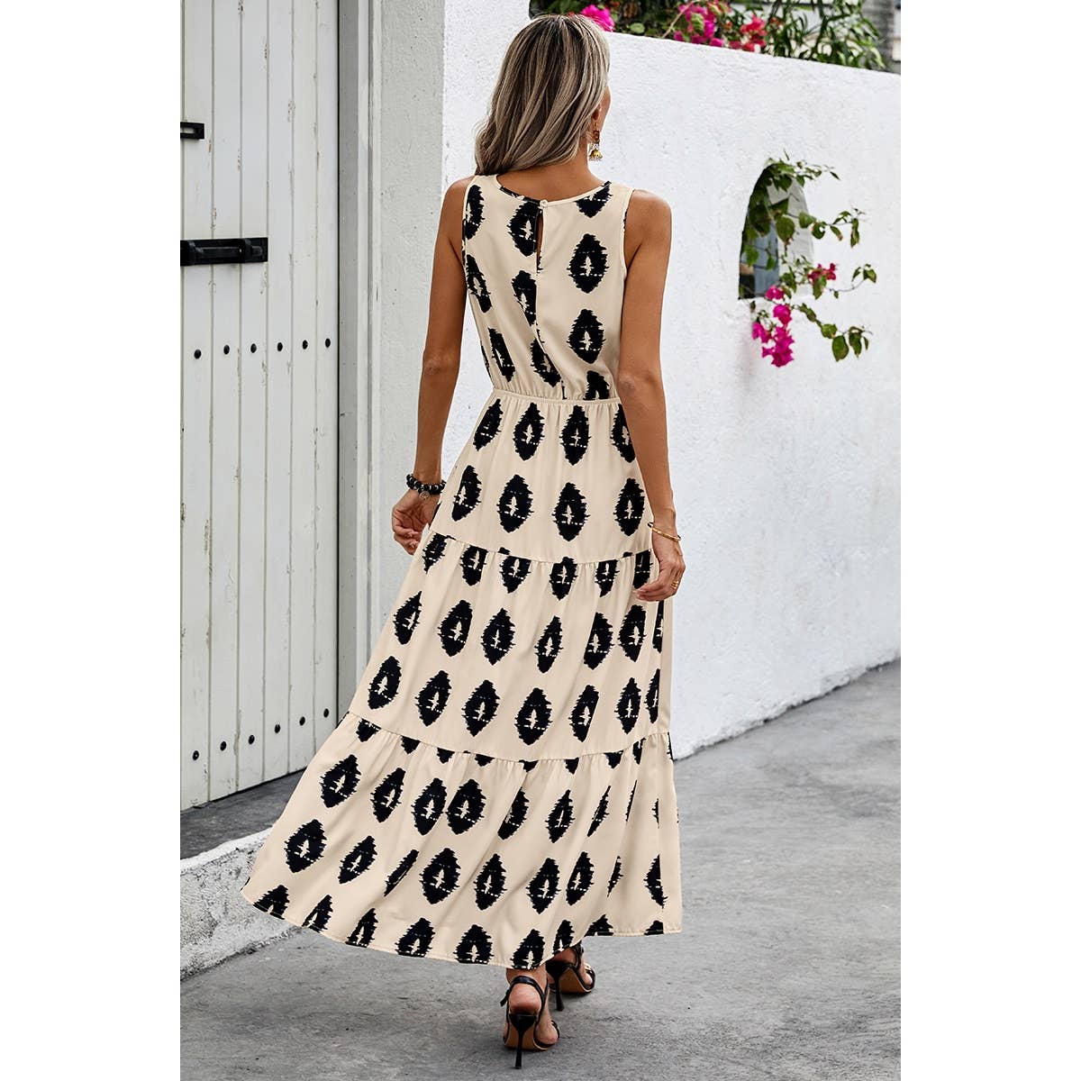 Cute Light -Sleeveless Printed Elastic Waist Ruffle Full Dress