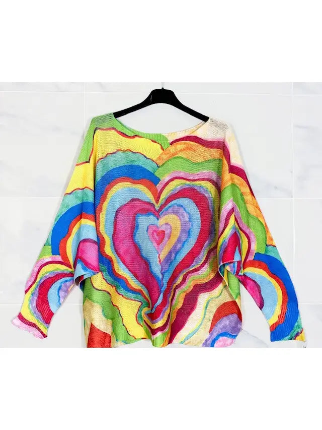 Multicolor Heart Round Knit Printed Sweater