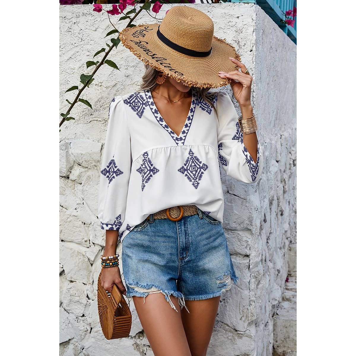 V Neck Printed Loose Fit Blouse