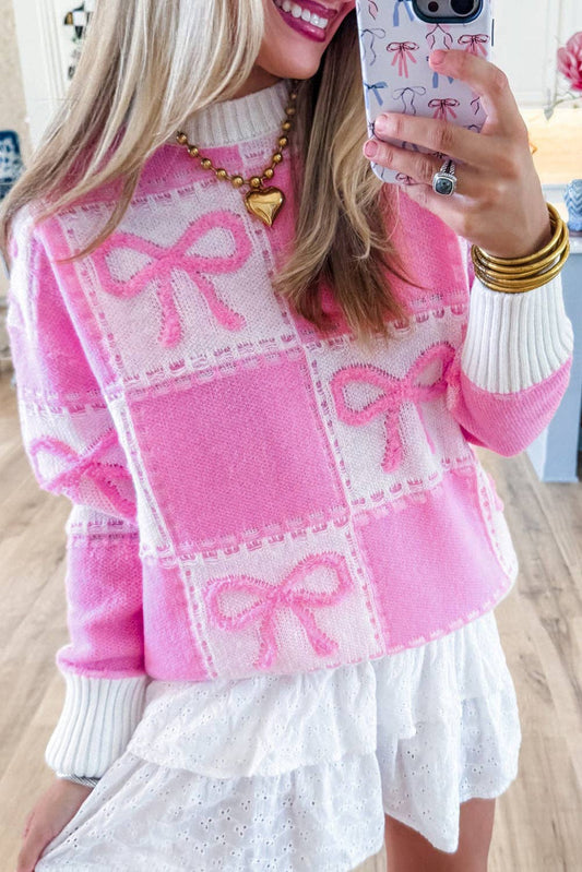 Pink Bow Color block Checker Crewneck Sweater