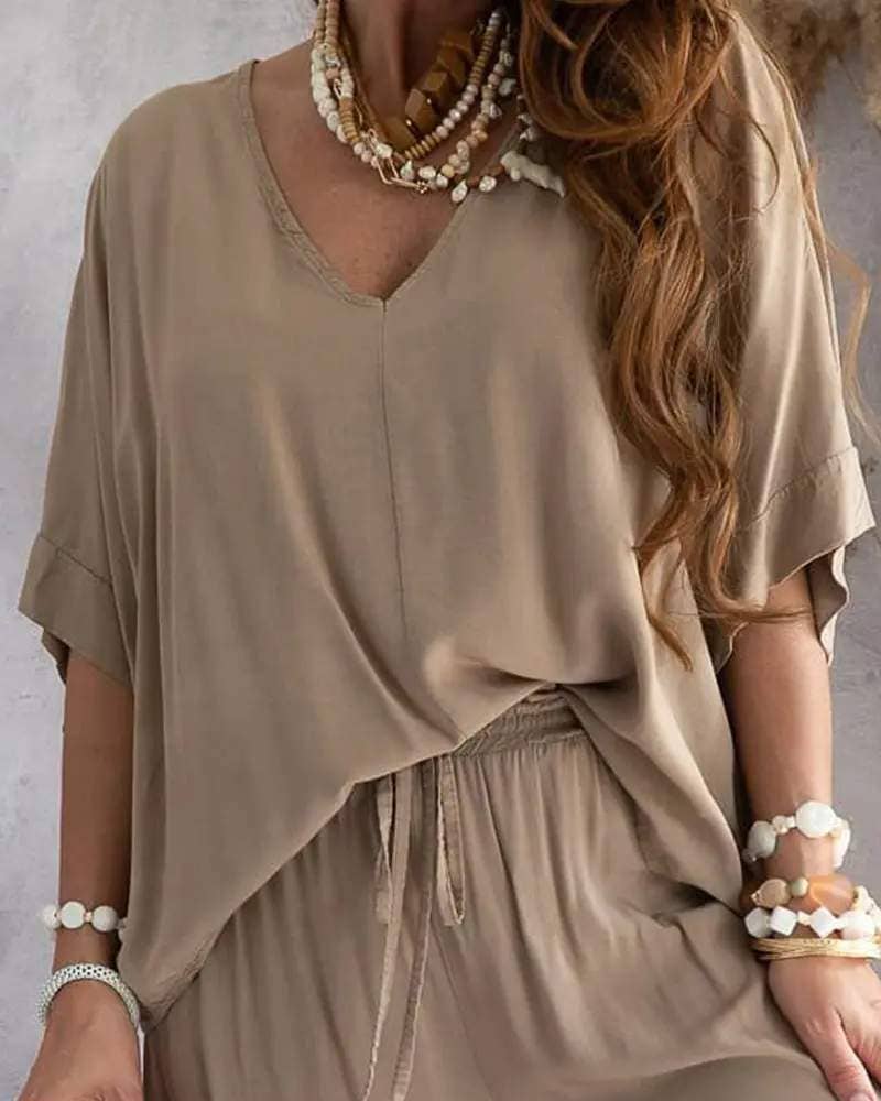 V neck batwing sleeve top casual pants set