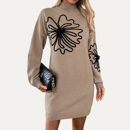 Cute Khaki Flower Mock Neck Long Sleeve Knit Dress