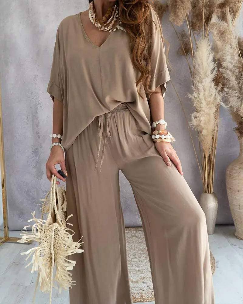 V neck batwing sleeve top casual pants set