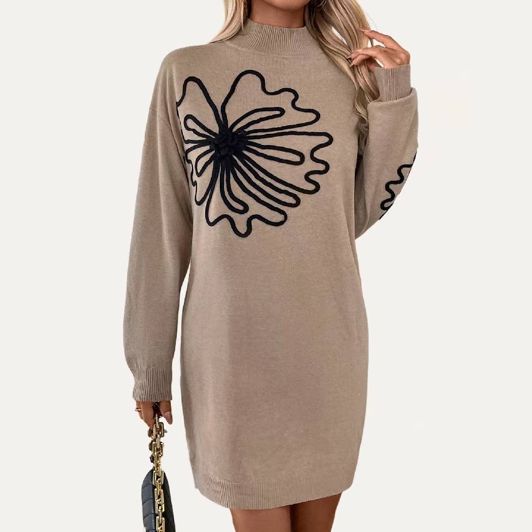 Cute Khaki Flower Mock Neck Long Sleeve Knit Dress