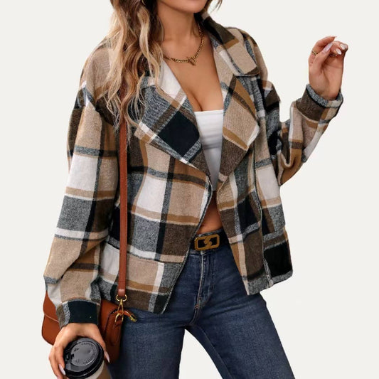 Chic Classic Plaid Collared Neck Asymmetrical Zipper Shacket