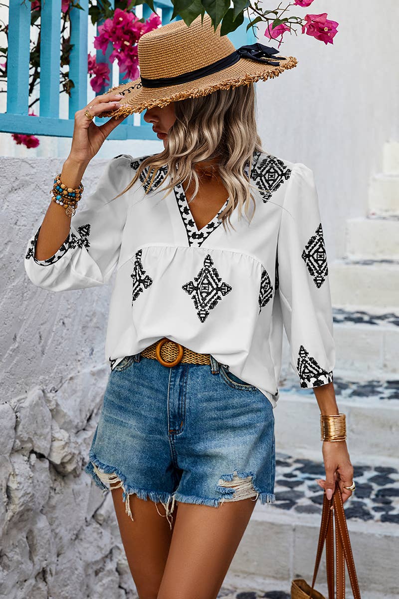 V Neck Printed Loose Fit Blouse