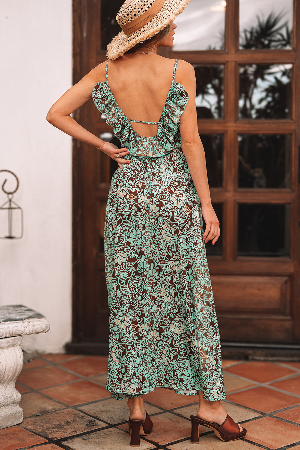 Green Floral Print V Neck Ruffled Trim Backless Tassel Waist Maxi Dress