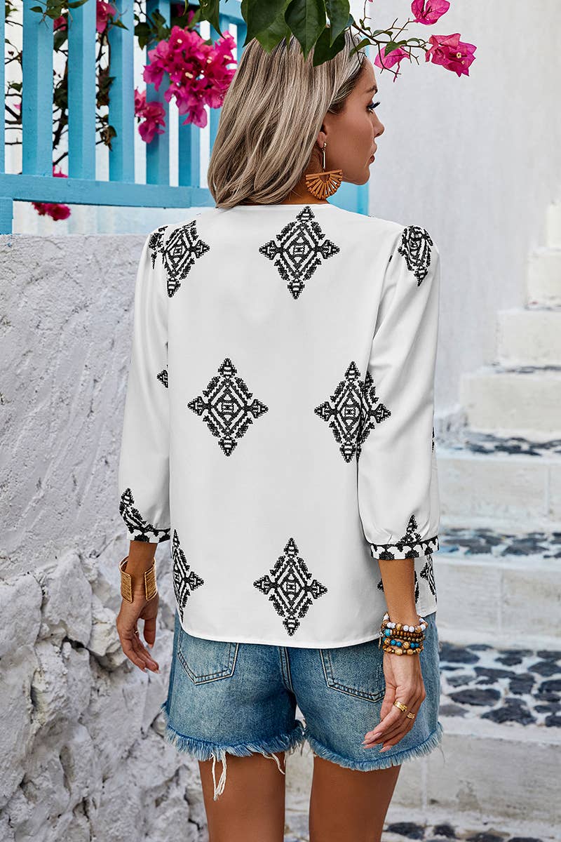 V Neck Printed Loose Fit Blouse