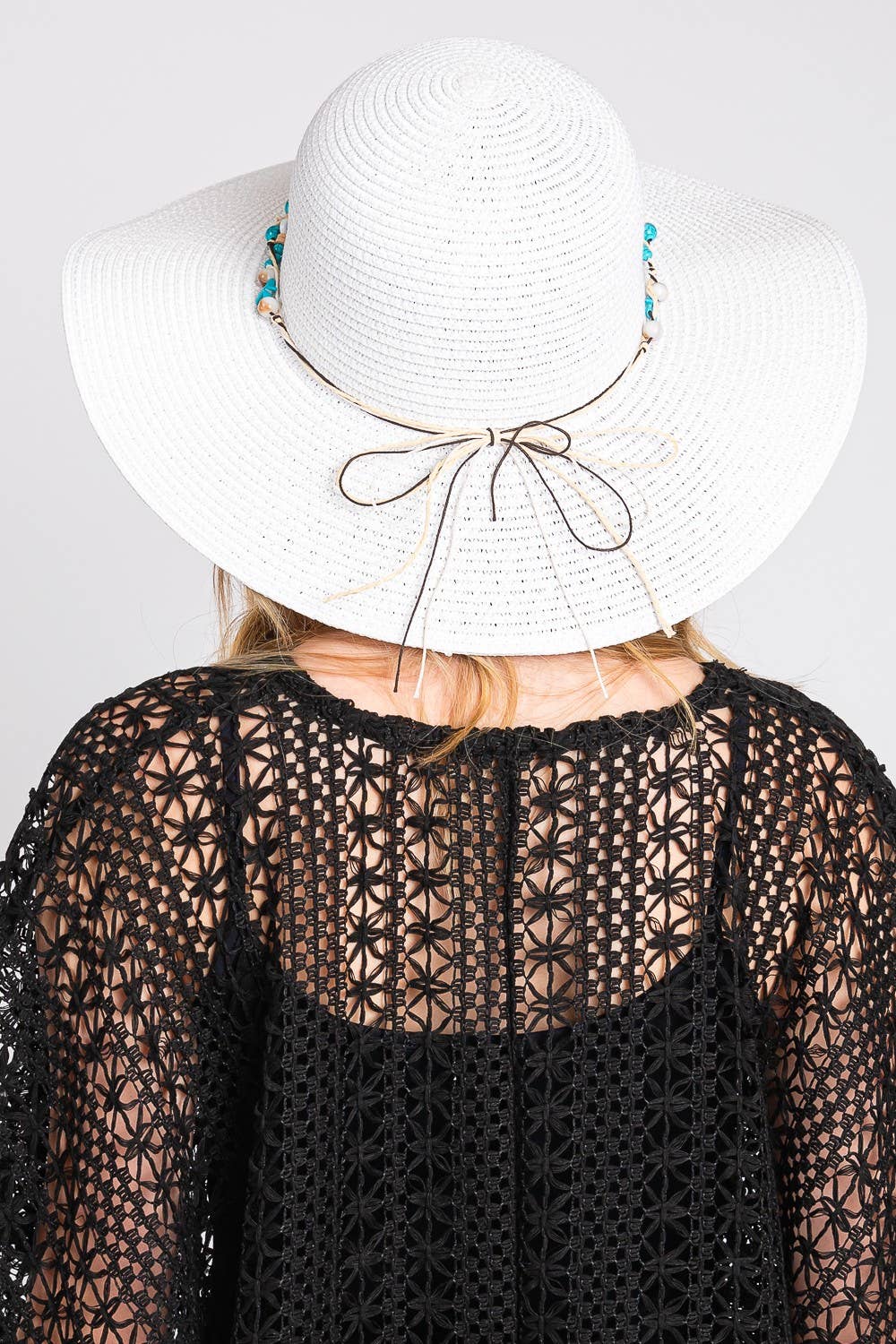 White STRAW SUN HAT WITH EVIL EYE STARFISH AND BEAD BAND