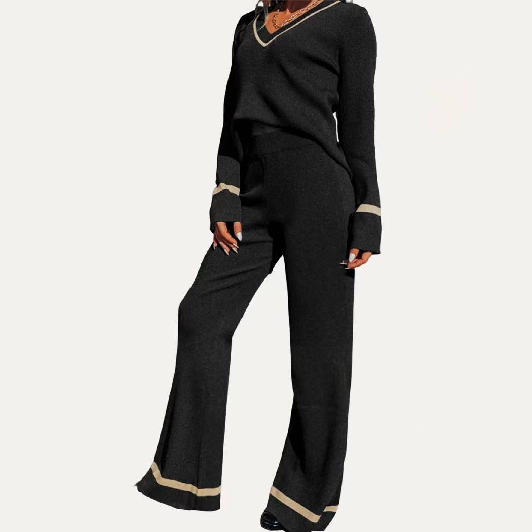 Chic Black Knit Top Wide-Leg Pants Two Piece Set