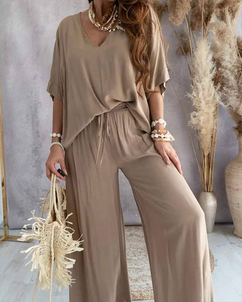 V neck batwing sleeve top casual pants set