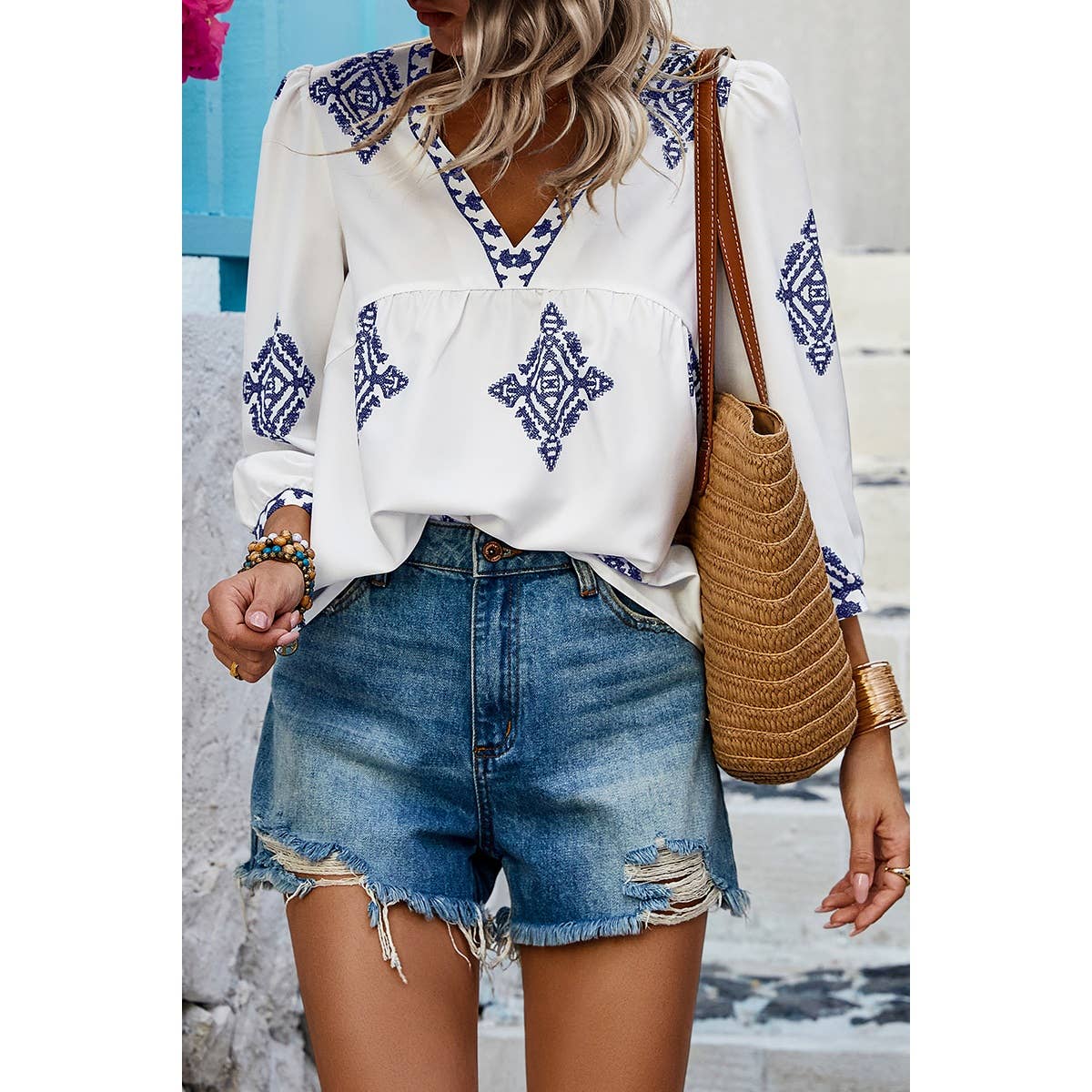 V Neck Printed Loose Fit Blouse