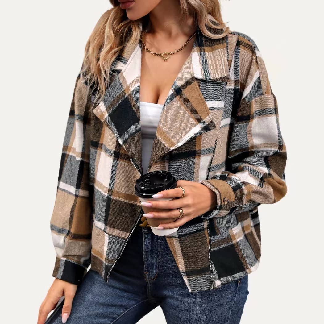 Chic Classic Plaid Collared Neck Asymmetrical Zipper Shacket