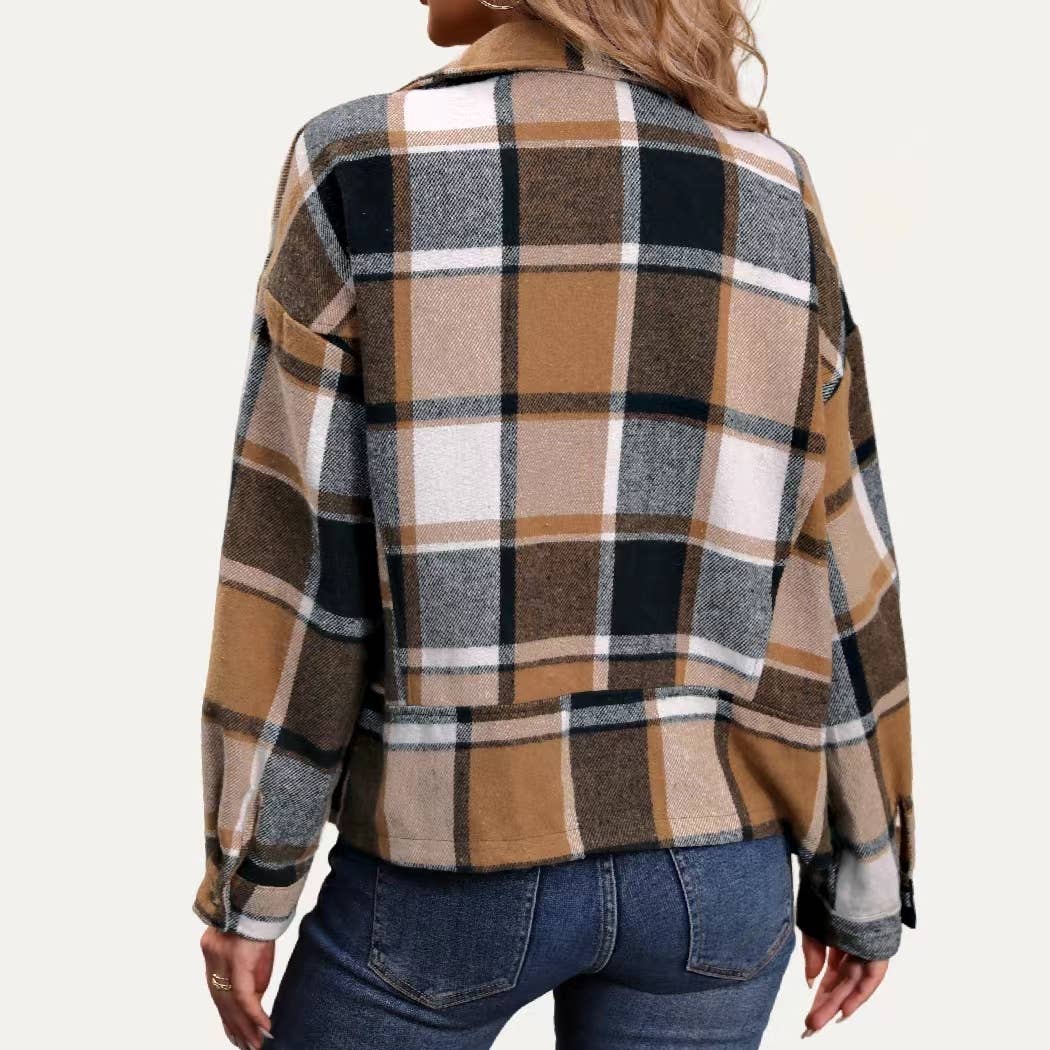 Chic Classic Plaid Collared Neck Asymmetrical Zipper Shacket