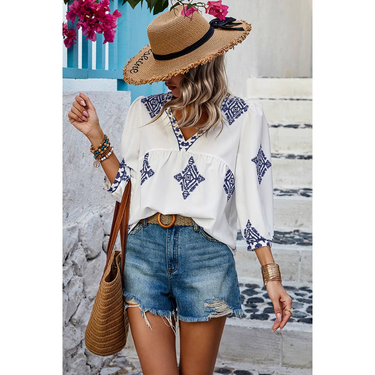 V Neck Printed Loose Fit Blouse