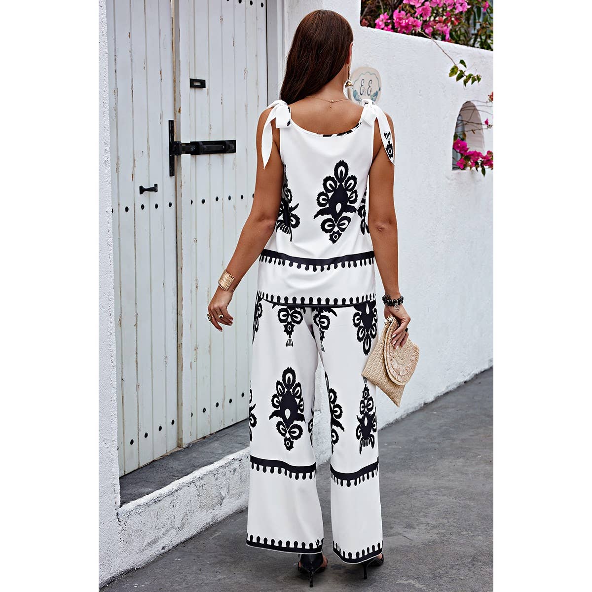 Floral Knot Shoulder Sleeveless Elastic Waist Sets