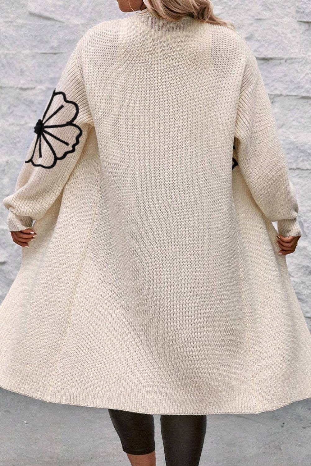 Beige Flower Embroidered Drop Shoulder Open Front Duster Cardigan