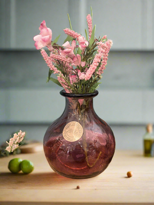 Pink Recycled Glass vase - with floral pink piece