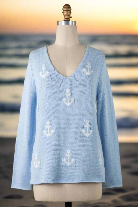 ANCHOR PATTERN KNIT V NECK SWEATER TOP